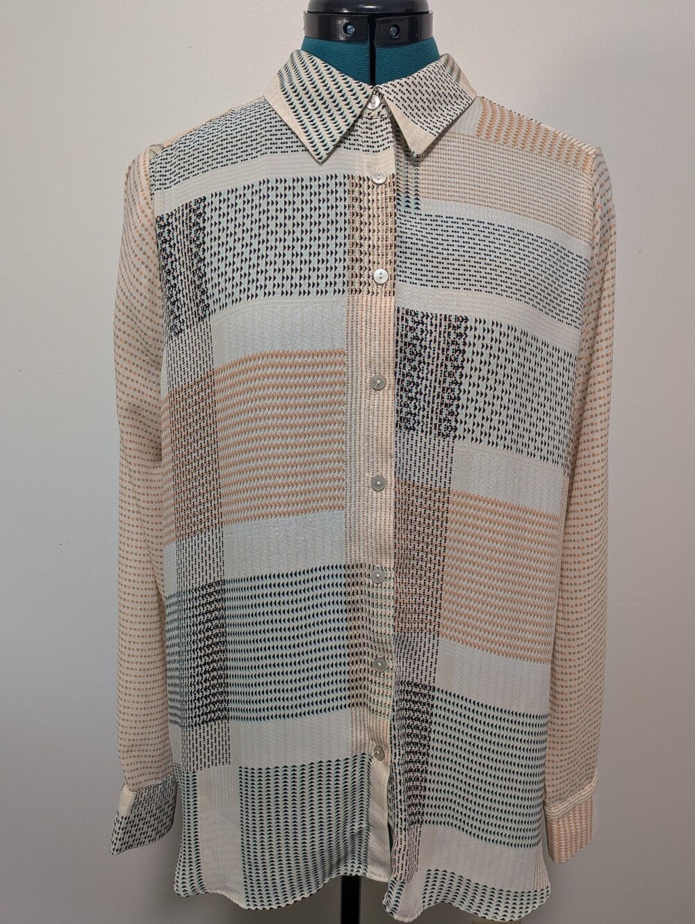 Rose + Olive Long-Sleeve Button-Up Shirt in Cream Black Orange Blue Plaid